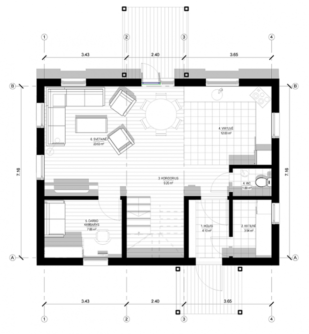 Karkasinio – skydinio namo projektas KRIAUTĖ 01