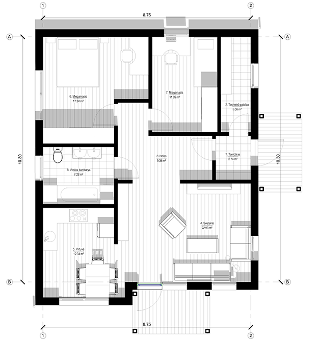 Karkasinio – skydinio namo projektas KRIAUTĖ 01