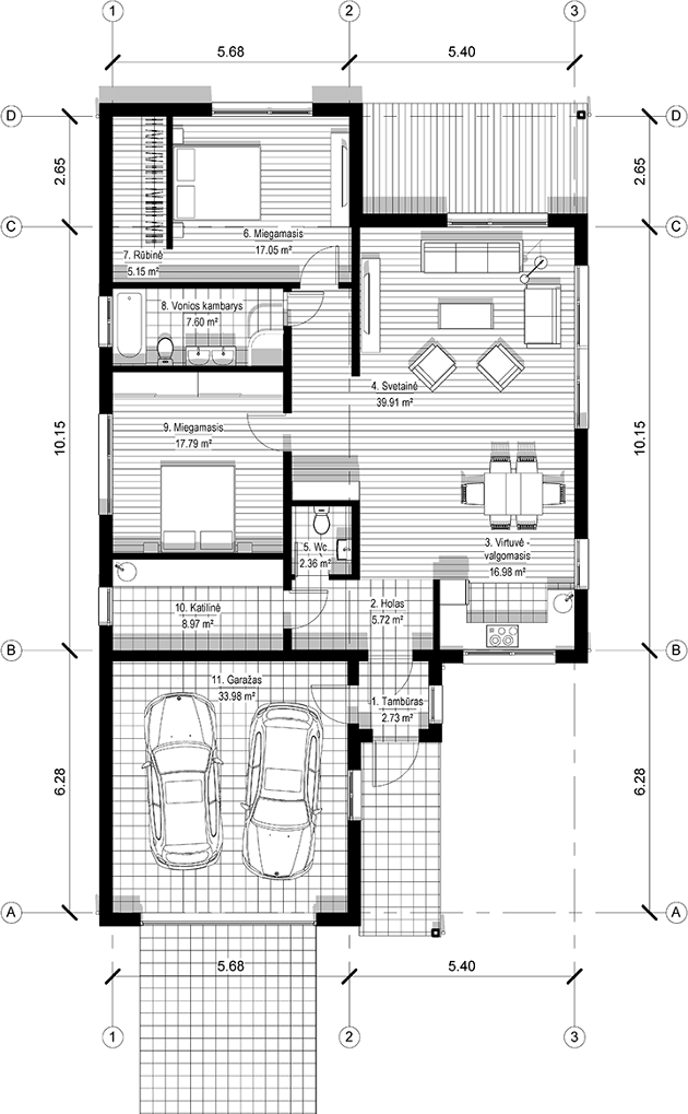 Karkasinio – skydinio namo projektas KRIAUTĖ 01