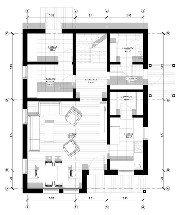 Karkasinio – skydinio namo projektas KRIAUTĖ 01