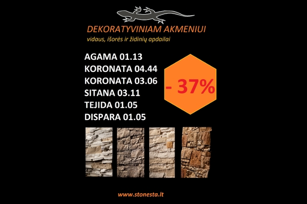 Akcija dekoratyviniam akmeniui vidaus, išorės ir židinių apdailai iš Stonesta
